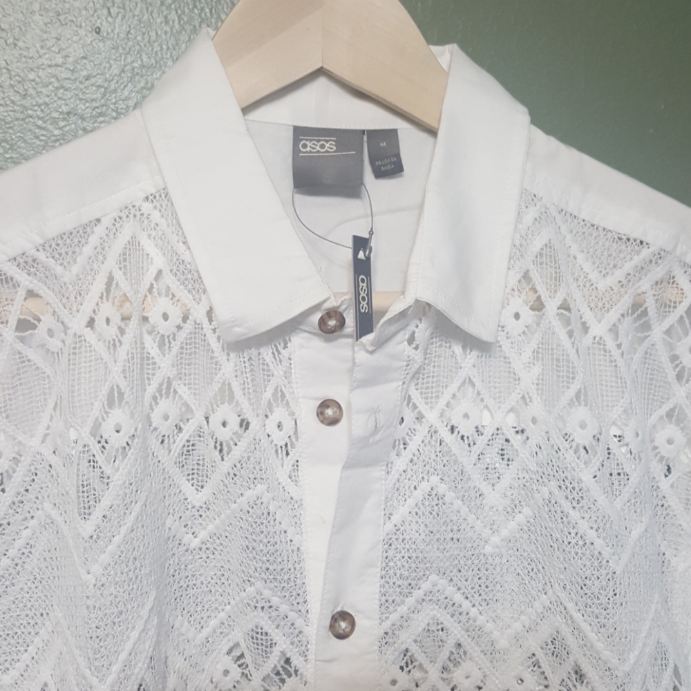 Asos lace white short sleeve button down shirt